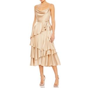 NWT MAC DUGGAL Charmeuse Ruffle Tiered Spaghetti Strap Dress in‎ Nude Gold 68300